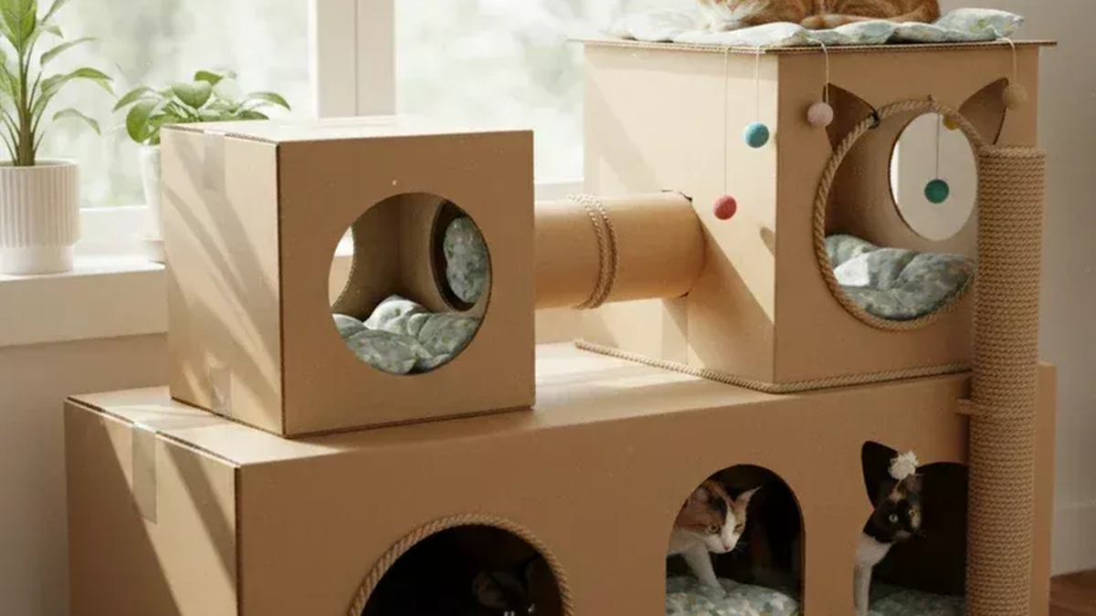 Kitty DIY House Guide package: cardboard cat houses built from the printable plans