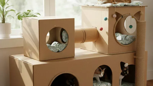 Kitty DIY House Guide package: cardboard cat houses built from the printable plans