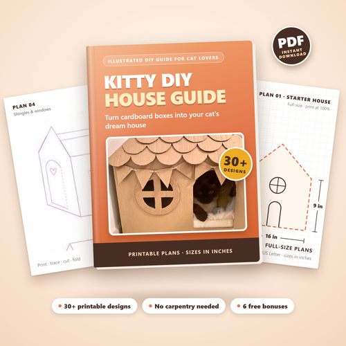 Kitty DIY House Guide: illustrated PDF guide with 30+ printable cardboard cat house designs